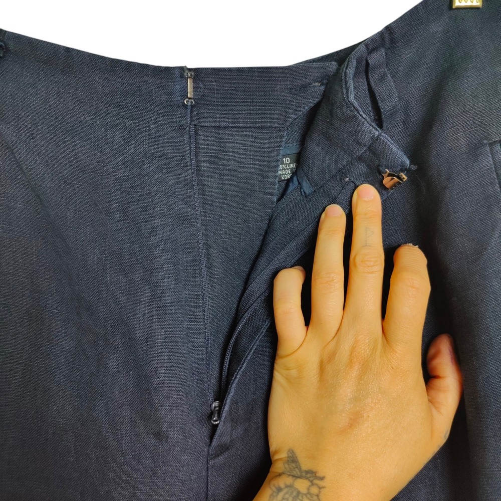 Vintage 90s 100% Linen Trousers High Waisted Balloon Navy Pleated 10 Minimalist - Picture 3 of 10